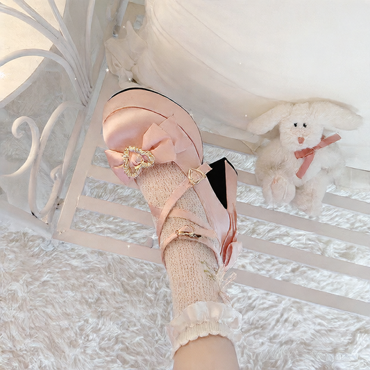 Sweet Bow Heart Cross Buckle Women's High Heel Shoes