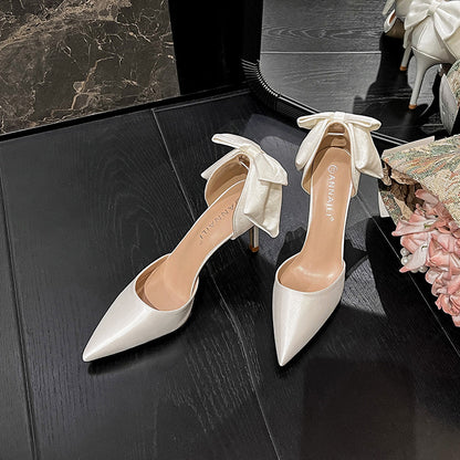 White satin bow high heels