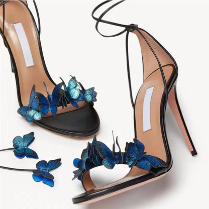 Women Butterfly Open Toe Lace Up Faux Suede Strap Stiletto Sandals Shoes Heels