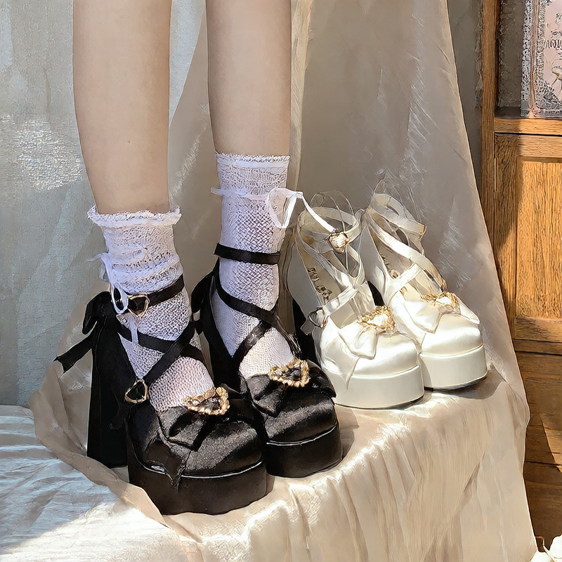 Sweet Bow Heart Cross Buckle Women's High Heel Shoes