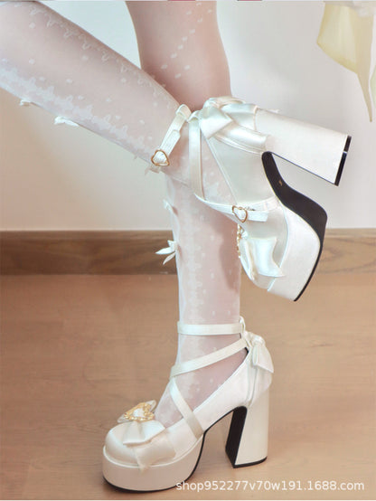 Sweet Bow Heart Cross Buckle Women's High Heel Shoes