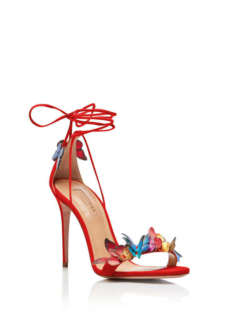 Women Butterfly Open Toe Lace Up Faux Suede Strap Stiletto Sandals Shoes Heels