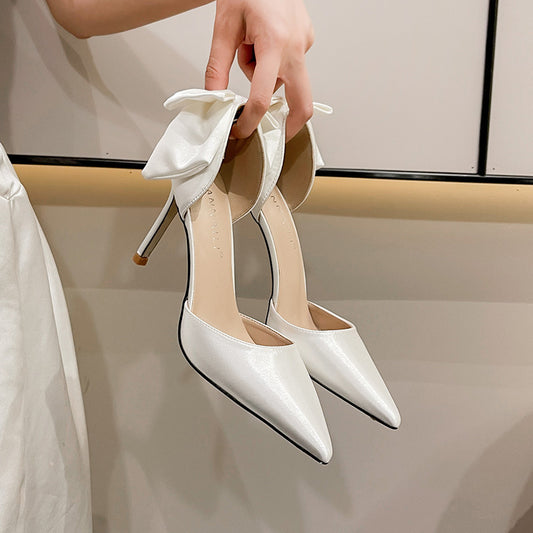 White satin bow high heels