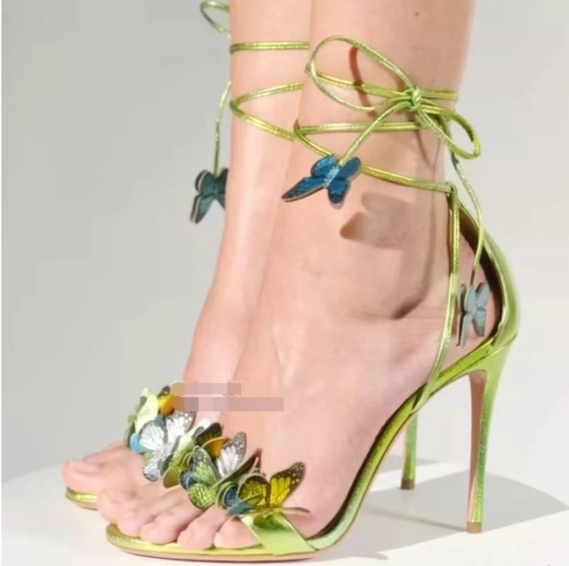Women Butterfly Open Toe Lace Up Faux Suede Strap Stiletto Sandals Shoes Heels