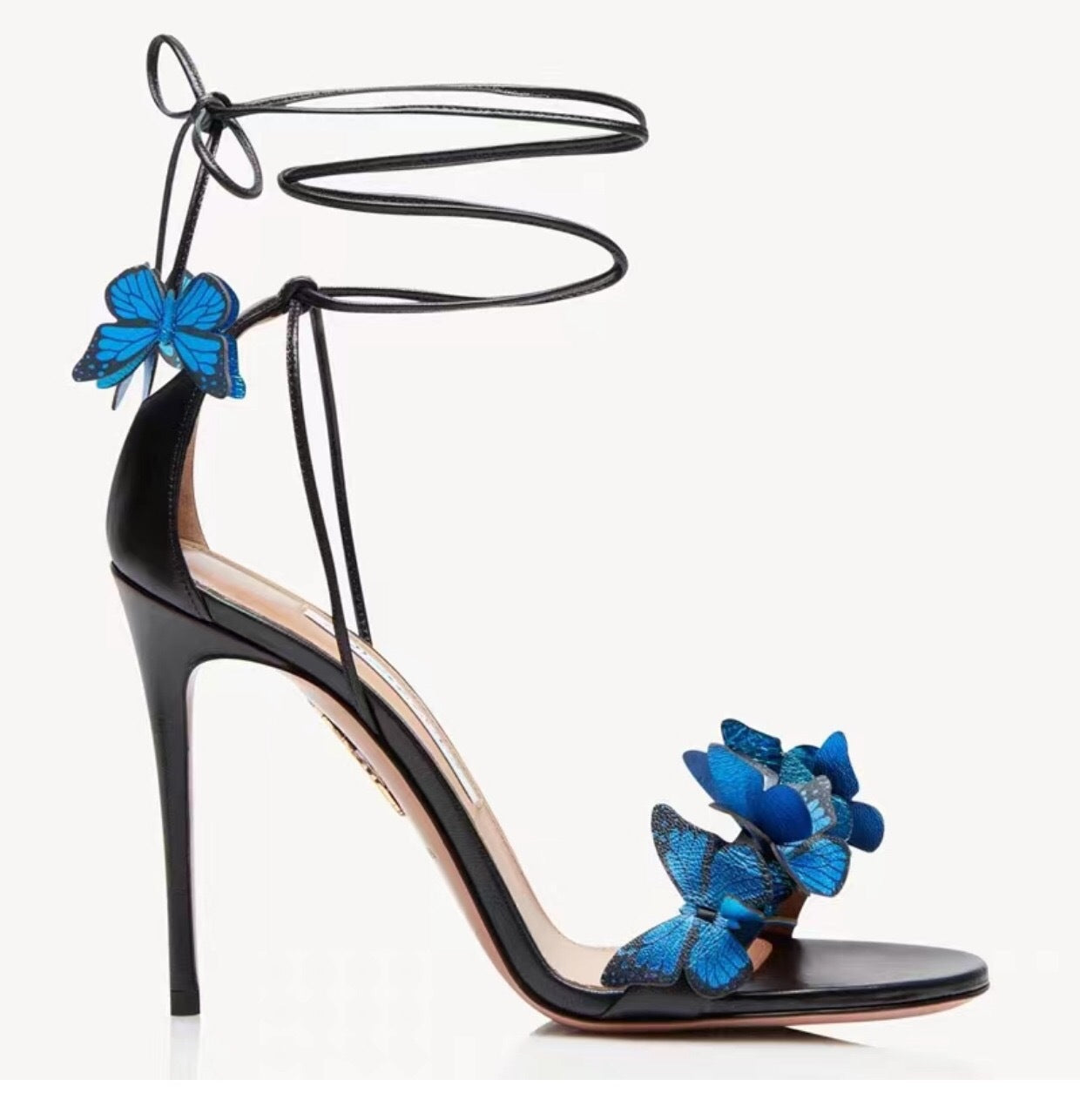 Women Butterfly Open Toe Lace Up Faux Suede Strap Stiletto Sandals Shoes Heels