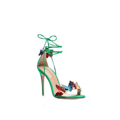 Women Butterfly Open Toe Lace Up Faux Suede Strap Stiletto Sandals Shoes Heels