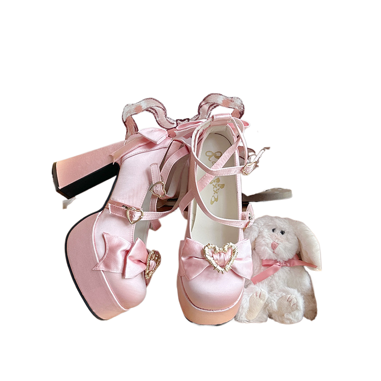Sweet Bow Heart Cross Buckle Women's High Heel Shoes