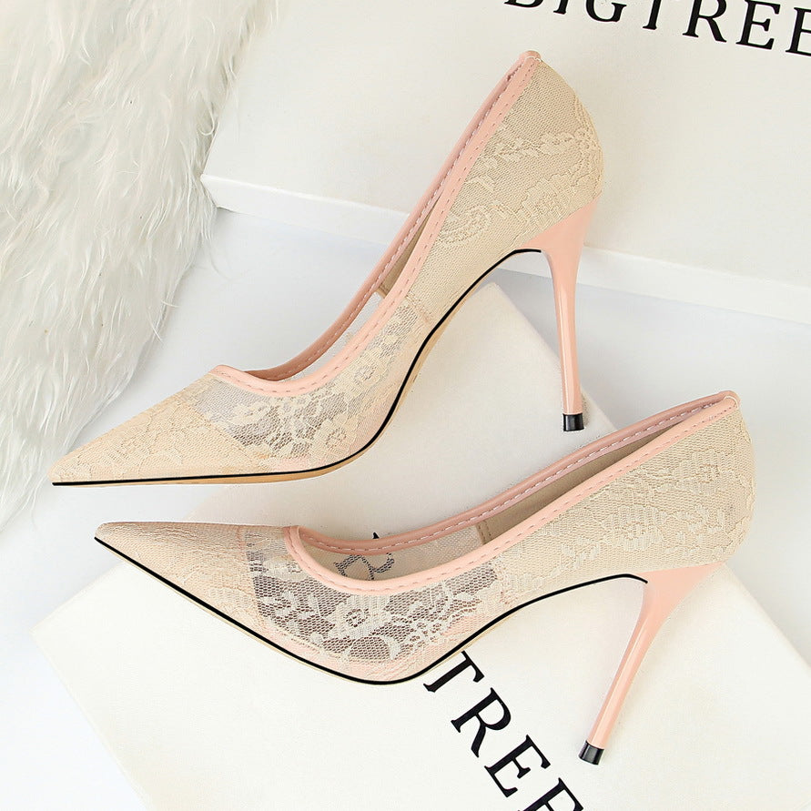 Slimming shallow pointed lace-up high heels