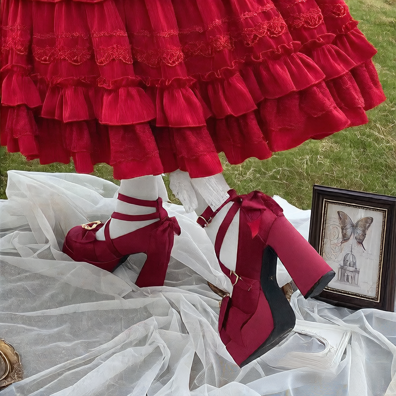 Sweet Bow Heart Cross Buckle Women's High Heel Shoes