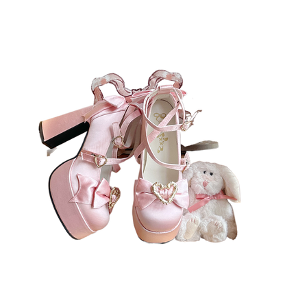 Sweet Bow Heart Cross Buckle Women's High Heel Shoes