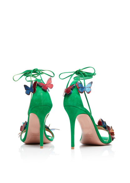 Women Butterfly Open Toe Lace Up Faux Suede Strap Stiletto Sandals Shoes Heels