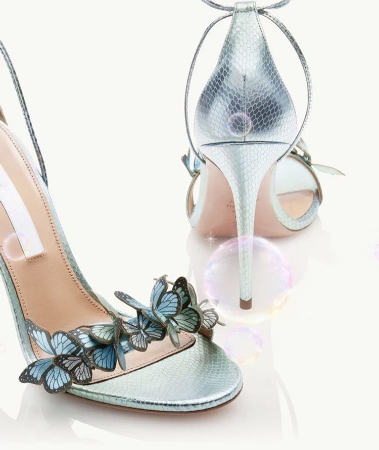 Women Butterfly Open Toe Lace Up Faux Suede Strap Stiletto Sandals Shoes Heels