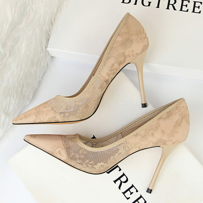 Slimming shallow pointed lace-up high heels
